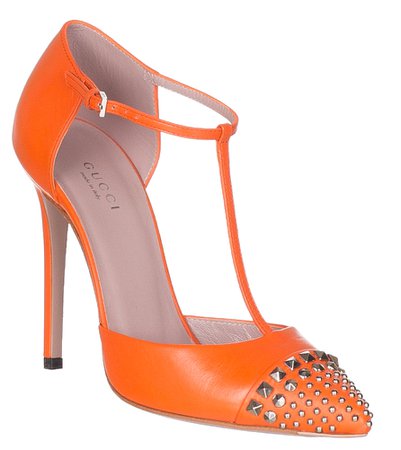 Gucci Women's Neon Orange Studded Leather T-Strap Pumps Heels Shoes