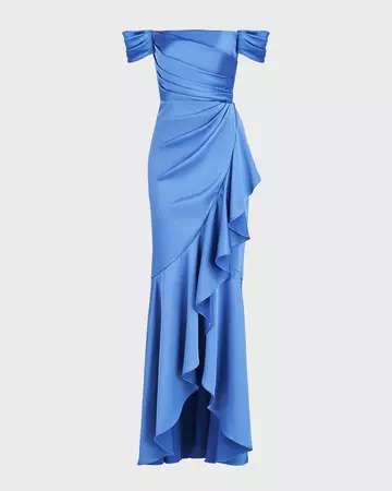 Theia Bailey Pleated Off-Shoulder Ruffle Gown | Neiman Marcus