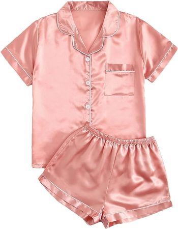 SweatyRocks Women's Short Sleeve Sleepwear Button Down Satin 2 Piece Pajama Set at Amazon Women’s Clothing store