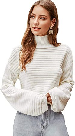 SweatyRocks Women's Drop Shoulder Mock Neck Pullover Sweater Long Sleeve Basic Crop Sweaters Grey S at Amazon Women’s Clothing store