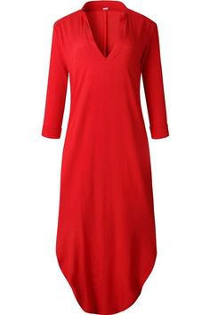 Pinterest-Red V Neck Long Sleeve Slit Casual Maxi Dress