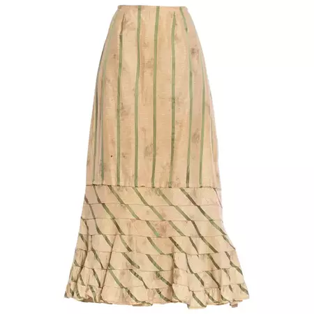 Victorian Off White and Green Silk Ikat Shadow Floral Satin Stripe 1890S Skirt Fr For Sale at 1stDibs