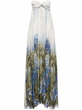 Oscar De La Renta Floral field-print Strapless Silk Gown - Farfetch