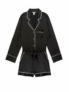 Victoria's Secret Satin Pajama Romper Rhinestone Button Front Sleepwear Black L