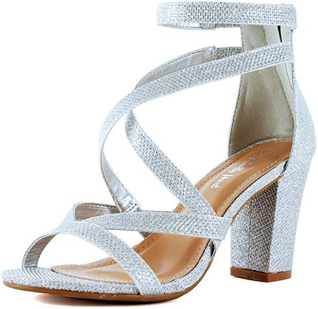 Amazon.com | Womens Comfortable Strappy Chunky Block Ankle Strap Open Toe Heeled Sandals (8 M US, Silver Glitter) | Heeled Sandals