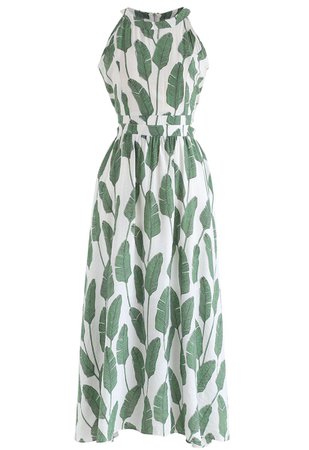 Summer Palm Leaf Print Halter Neck Maxi Dress in Green - Retro, Indie and Unique Fashion