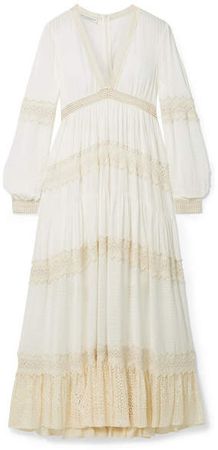 Macramé-trimmed Striped Chiffon Midi Dress - Cream