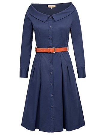 Kate Kasin Women Lapel Collar Swing Dresses Long Sleeves Business Dress Blue S, KK772-1 at Amazon Women’s Clothing store: