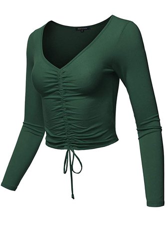 Dark-Green Drawstring Long-Sleeve Top