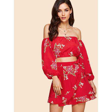 Red Offshoulder Floral Print Top With Skirt