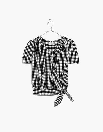 Short-Sleeve Wrap Top in Gingham Check