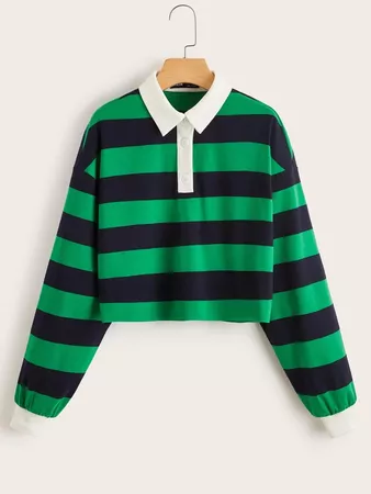 Collared Buttoned Front Striped Pullover | SHEIN USA green