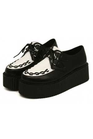 Shoes :: Creepers :: Faux Leather Black White Old School Platforms Punk Rock Lace-Up Oxfords Flats Creepers Shoes