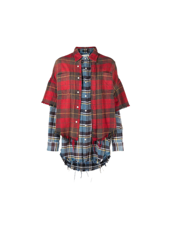 R13 blue red plaid checkered layered shirts top