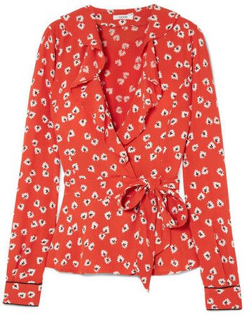 Ruffled Floral-print Crepe De Chine Wrap Top - Red