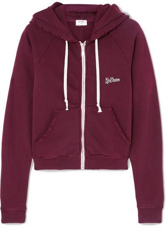 Embroidered Stretch-cotton Terry Hoodie - Burgundy