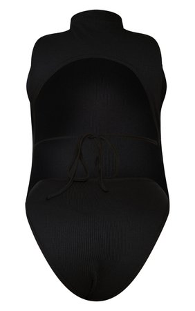 Plus Black Rib Tie Back Sleeveless Bodysuit | PrettyLittleThing USA