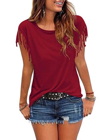 Womens Tassel Short Sleeve Round Neck T-Shirt Top Casual Tee at Amazon Women’s Clothing store: