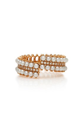 Nouvel Heritage Double Lace 18K Rose Gold Pearl Ande Diamond Ring