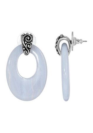 1928 Jewelry Pewter Oval Blue Lace Hoop Earrings