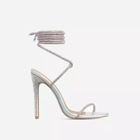 Carmella Glitter Sole Diamante Detail Lace Up Heel In Silver Holographic Faux Leather | EGO