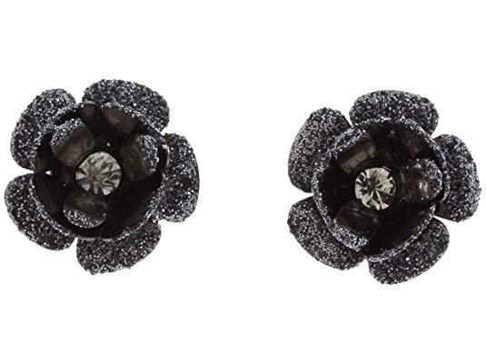Betsey Johnson Hematite-Color Glitter Flower Stud Earrings: Clothing
