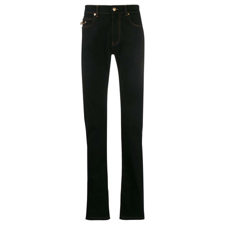 Versace Mens FW19 Black Denim Jeans with Gold-Tone Safety Pin Size 44 For Sale at 1stDibs