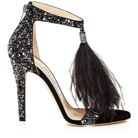 Black crystal sandal pumps with ostrich feather tassel