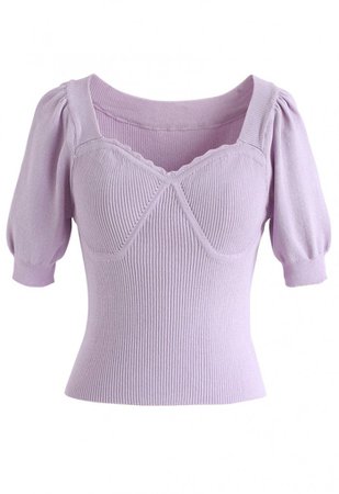 Sweetheart Neck Fitted Ribbed Knit Top in Lilac - TOPS - Retro, Indie and Unique Fashion