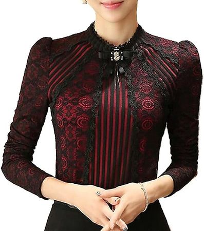 SansoiSan Women's Vintage Beaded Buttons Pleated Shirt Long Sleeve Lace Stretchy Blouse at Amazon Women’s Clothing store