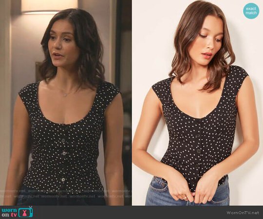 WornOnTV: Clem’s black polka dot scoop neck top on Fam | Nina Dobrev | Clothes and Wardrobe from TV