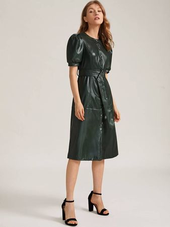 Puff Sleeve Button Front Buckle Belted PU Leather Dress | SHEIN USA