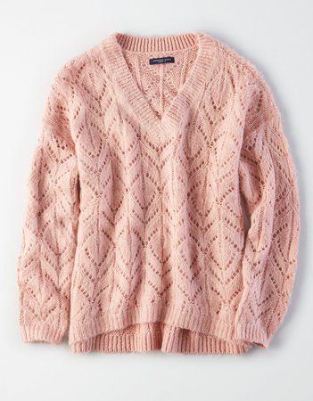 AE Slouchy V-Neck Pullover Sweater, Cream | American Eagle Outfitters