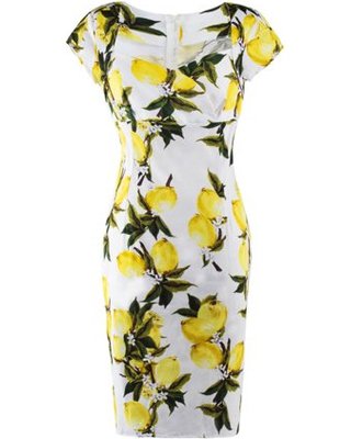 HIMONE Women Bodycon Floral Pencil Dress Lemon Print Summer Short Sleeve Slim Cocktail Evening Party Long Mid