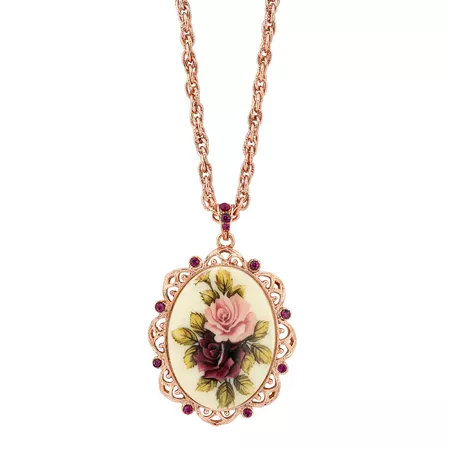 1928 Flower & Simulated Crystal Oval Pendant Necklace