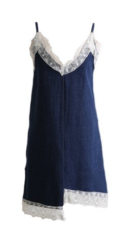 Lace-Trimmed Asymmetrical Hem Denim Dress