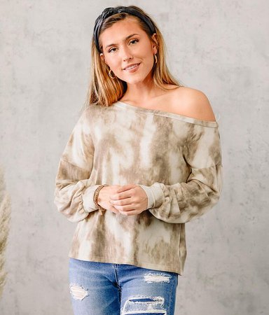LE LIS Tie Dye Slouchy Off The Shoulder Pullover - Women's Sweatshirts in Taupe Brown Tie Dye | Buckle