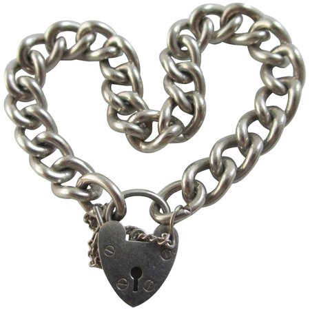 English Sterling Silver Charm Chain Bracelet with Heart Padlock Clasp : Top Banana Antiques Mall | Ruby Lane