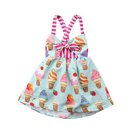 Amazon.com: 2019 Baby Girl Cream Ice Cream Print Summer Backless Sunderss Halter Sling Beach Dress (Blue, 2-3 Years): Clothing
