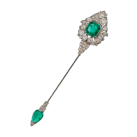 Emerald and diamond jabot brooch