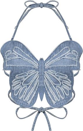 Amazon.com: Raboolion Women's Y2k Denim Butterfly Crop Tank Top Sexy Halter Jean Tube Vest Backless Lace Up Cami Camisole Rave Outfit(Blue): Clothing, Shoes & Jewelry