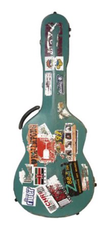 green guitar case covered with stickers