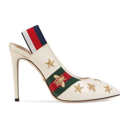 Embroidered leather Web slingback pump in White leather with gold bees and stars embroidery | Gucci Women's High Heels Pumps