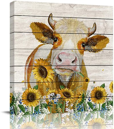 Amazon.com: applebless Oil Painting on Canvas Cattle Cow Hold Sunflowers Wall Art Home Decor Rustic Wooden Vintage Farm Animal Modern Pictures Painting for Living Room, Ready to Hang - 12x12 inches: Paintings