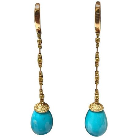 Yellow Gold Turquoise and Yellow Sapphires Chandelier Earrings For Sale at 1stdibs
