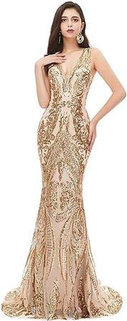 Women's V-Neck Sequins Mermaid Prom Evening Party Dress Sleeveless Lace-up Celebrity Pageant Gown at Amazon Women’s Clothing store