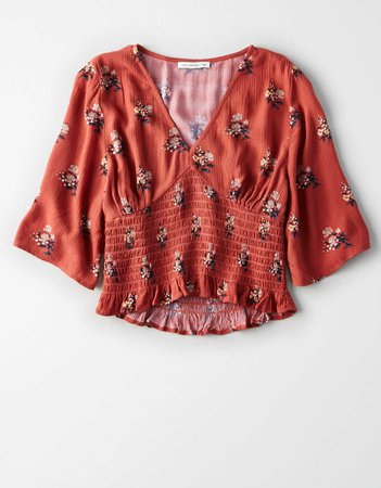 AE Smocked Waist Ruffle Hem Blouse, Red | American Eagle Outfitters