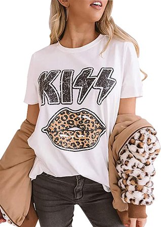 Amazon.com: Women Leopard Printed Kiss Lips T-Shirt Cool Tee - White: Clothing