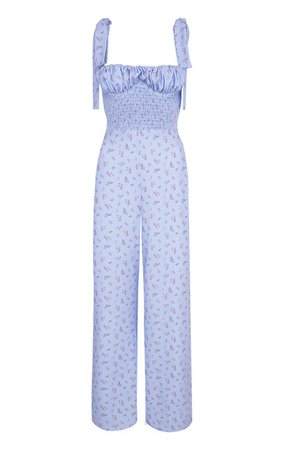 Clothing : Jumpsuits : 'Lana' Blue Floral Shirred Jumpsuit