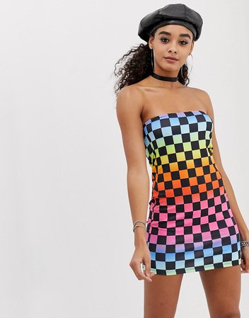 Jaded London festival bandeau dress in rainbow checkerboard | ASOS